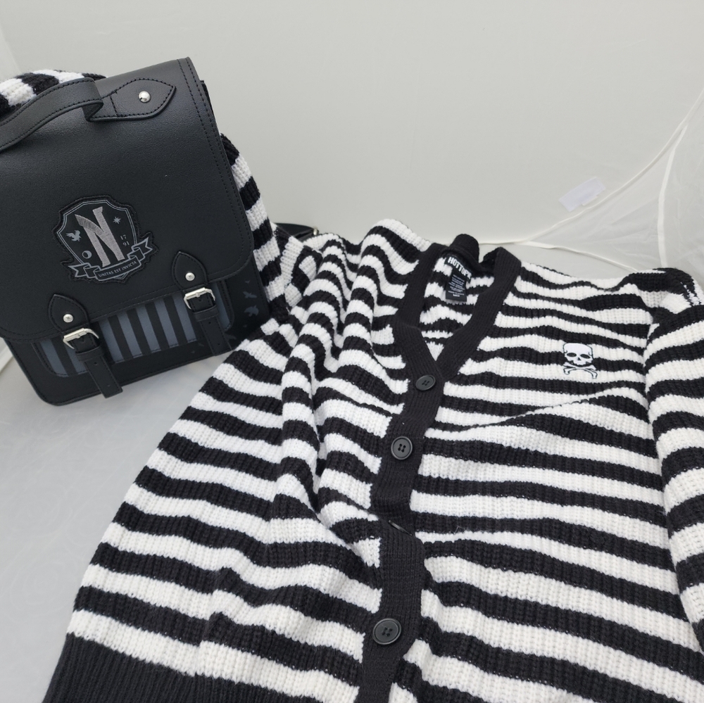 Wednesday Addams- Nevermore Academy- Backpack + striped cardigan- Hot Topic- M
